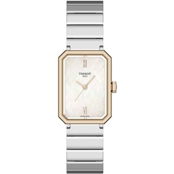 TISSOT 天梭 SRV系列 復古款珍珠貝典雅方形石英錶/玫瑰金X銀/30mm/T1601102111300