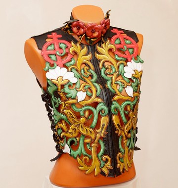 真皮女士背心 綁帶 多彩 縷空編織 花朵