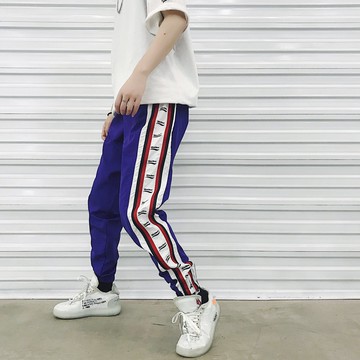 FINDSENSE H1 2018 夏季 新款 高端 拼色 字母織帶 印花 男女運動褲 情侶九分褲 休閒褲 潮 男褲子