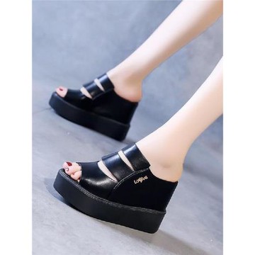 涼拖鞋女夏厚底坡跟一字拖鞋魚嘴涼鞋11cm內增高女鞋防水臺松糕底