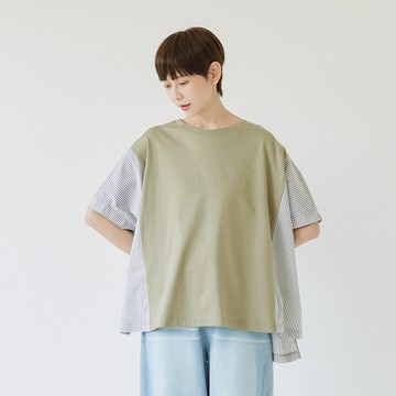 條紋拼接短袖T 綠F