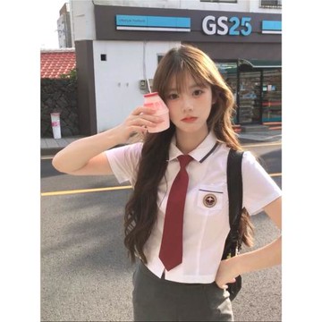 韓國學生校服襯衣夏季jk制服套裝學院風修身白色短袖收腰襯衫女