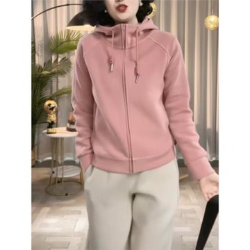 今年流行漂亮洋氣獨特別致復古港風百搭粉色連帽衛衣女士短外套XL