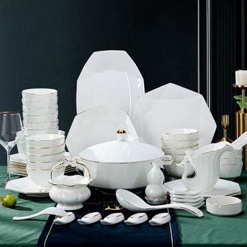 景德鎮碗碟套裝輕奢家用高檔骨瓷餐具陶瓷八角碗盤碟高腳防燙碗筷