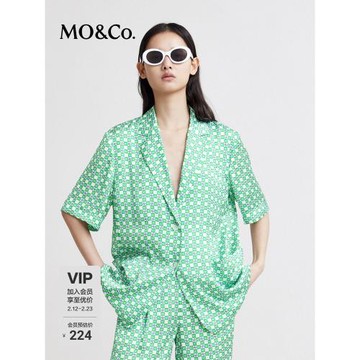 MOCO西裝復古清新綠白棋盤格老花平駁領輕薄短袖外套摩安珂