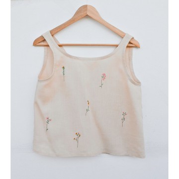 刺繡 | 亞麻 | 無袖上衣 奶油黃色