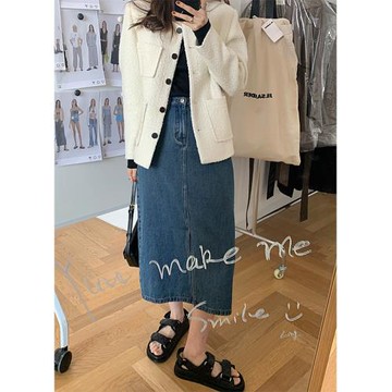 復古刺繡牛仔開叉半身裙女2024春裝新款韓版高腰顯瘦直筒中長裙子