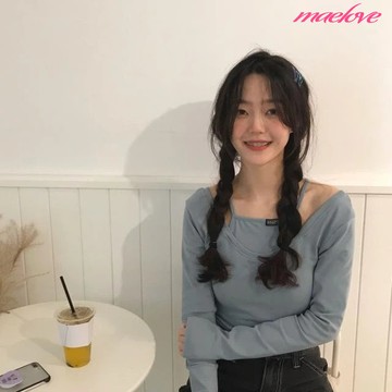 韓國兩件式上衣 假兩件吊帶長袖T恤女 長袖上衣 韓繫上衣 韓版女裝 露肩上衣 一字領上衣 女生短版上衣 黑色t恤