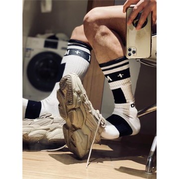 D.M男襪 時尚高筒運動足球襪 字母歐美潮襪長筒襪毛巾底加厚吸汗