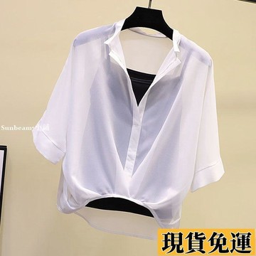 🌟限時下殺🌟2023夏新款女雪紡衫時尚顯瘦不規則套頭襯衣兩件套蝙蝠袖雪紡上衣