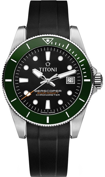 TITONI 梅花錶 Baby Seascoper 300 天文台認證陶瓷圈機械錶(83300 S-GN-R-702)-42mm-黑面膠帶【刷卡回饋 分期0利率】【APP下單點數13倍送】