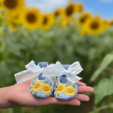 向日葵刺繡有機棉麻嬰兒鞋