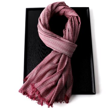 棉麻圍巾男士日系春秋冬季新款長薄款酒紅色圍脖中青年休閑潮送人