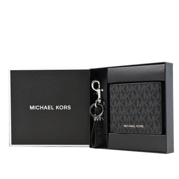 MICHAEL KORS 男款 緹花LOGO防刮皮革六卡短夾/鑰匙圈禮盒-黑色