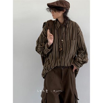 Jiwuus 春日系復古方領豎條紋襯衫男女生學院風寬松休閑長袖襯衣