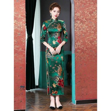 真絲旗袍桑蠶絲2023春秋新款高端年輕款中袖長款氣質媽媽高貴禮服