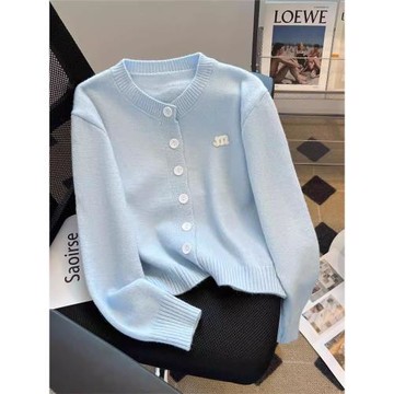 白領哥弟新2025秋冬新款慵懶風軟糯淺藍色羊毛針織開衫毛衣外套女