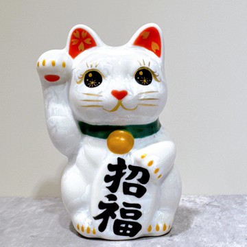 【白華招福】日本清水燒招財貓 | 花結晶 白 招福 右 特小