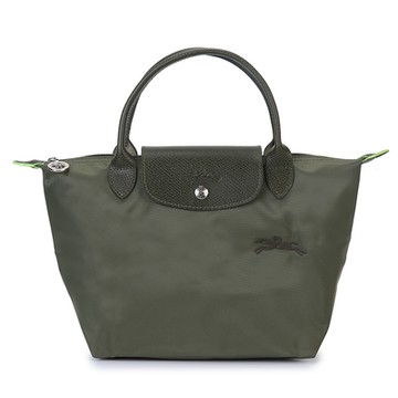 LONGCHAMP Le Pliage Green 再生尼龍刺繡LOGO短提把小型水餃包-軍綠色