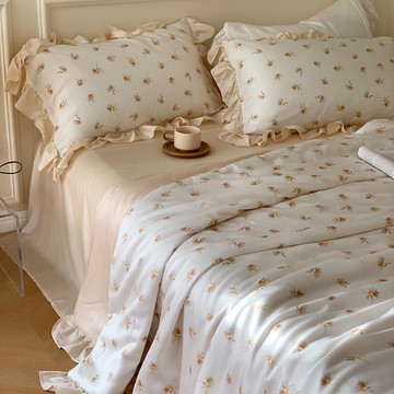 夏季田園風60支蘭精天絲夏涼被可水洗印花裸睡單雙人空調薄被子卡布奇諾 雙11全館免運