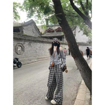 美式復古休閑褲女175高個子加長格子排扣高腰寬松顯瘦闊腿拖地褲