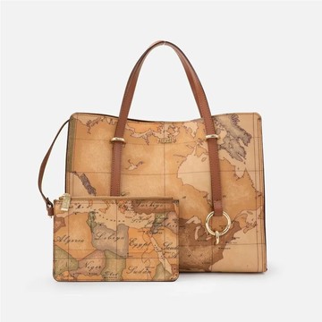 【Alviero Martini 義大利地圖包】 釦環裝飾手提側揹子母包33cm-地圖黃