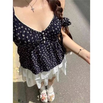 Brandy美式復古玫瑰碎花三粒扣吊帶背心女bm花邊領甜美外穿上衣女