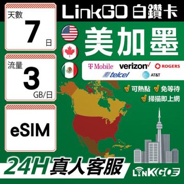 【LinkGO】白鑽卡 美加墨 eSIM卡 7天上網卡 每日3GB 高速流量(美國 加拿大 墨西哥)