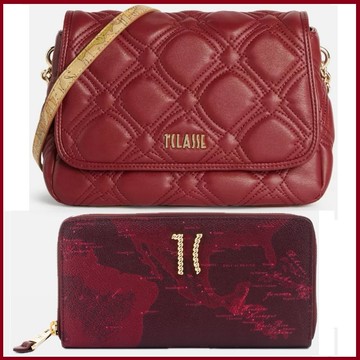 【Alviero Martini 義大利地圖包】迎春雙喜包 菱格鍊帶側背包+12卡長夾-紅色 新春福袋