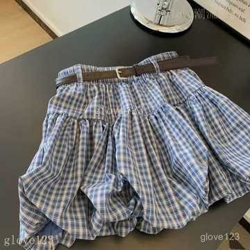 【高級感 藍色格子花苞裙】遮肉 A字短裙 小個子顯瘦 半身裙女 2025新款夏 洋裝 半身裙 短裙 格子裙 花苞裙 藍色