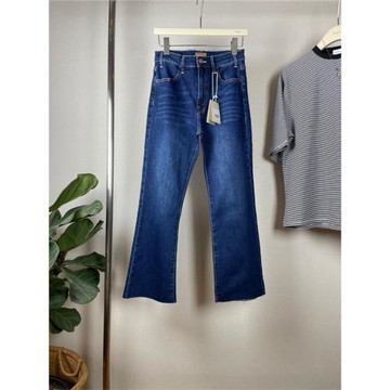 mo復古簡約美式牛仔褲女小個子高腰微喇叭毛邊顯瘦九分褲彈性