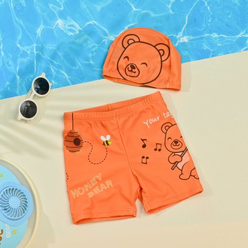 TB551-童超彈平口泳褲附同款帽-印花