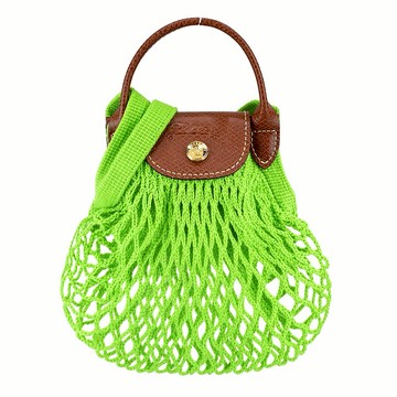 [平輸版]LONGCHAMP LE PLIAGE FILET系列網狀棉質手提/斜背兩用包(迷你/亮綠)真品平輸