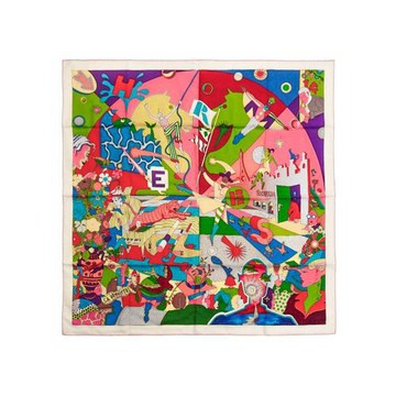 Hermes Baptiste Virot 彩色嘉年華插畫圖騰絲巾/方巾-90cm(芭比粉/綠/多色)