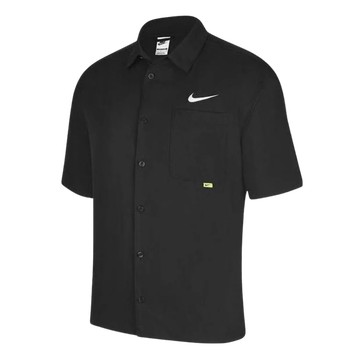 SWOOSH CHEST BRAND LOGO LIMITED LAPEL SOLID COLOR SHORT SLEEVE BLACK SHIRT