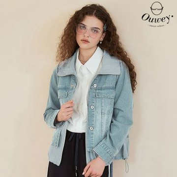 OUWEY歐薇 立領異材質拼接假兩件式牛仔外套(藍色；S-L)3241398402
