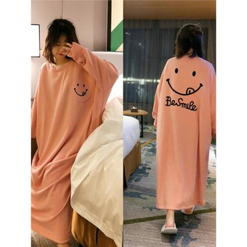 睡裙女秋冬加絨長袖長裙過膝寬松大碼甜美可愛學生網紅笑臉睡衣裙