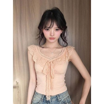 臺灣出貨辣妹純欲蕾絲邊短款女V領小飛袖T恤女夏修身顯瘦短袖設計感上衣0715