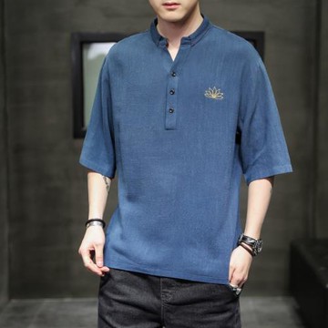 中國風刺繡亞麻短袖t恤男夏季薄款寬松五分袖大碼潮流百搭上衣服