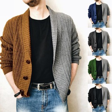 2022秋季英倫風雙色拼接男毛衫開衫長袖V字領針織衫Men Knitwear
