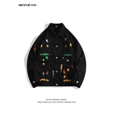 BOYUE帛躍嘻哈少年涂鴉噴漆牛仔夾克男美式酷炫炸街搖滾痞帥外套