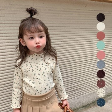 多色碎花木耳邊細刷絨上衣 半高領 長袖上衣 打底衫 內搭衣 大童 童裝 兒童 女童 中童 橘魔法 現貨