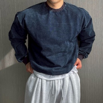 正韓復古水洗棉料短版廓型牛仔長袖衛衣 4色 YUPPIE 預購商品 0303