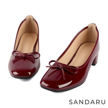 山打努SANDARU-跟鞋 微甜方頭蝴蝶結中跟鞋-酒紅