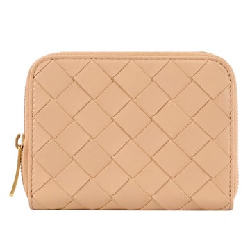 BOTTEGA VENETA 600874 編織NAPPA皮ㄇ字拉鍊零錢卡包.杏色