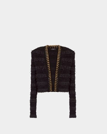 BALMAIN 金鍊滾邊無領毛呢針織外套 - 40
