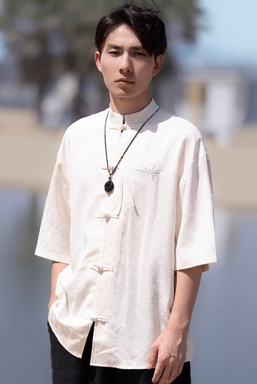 新中式復古 刺繡提花盤扣短袖襯衫