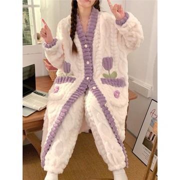 珊瑚絨睡袍長款冬季天郁金香睡衣女加厚加絨法蘭絨浴袍家居服套裝