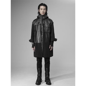 頹廢元素PU亮面寬松設計朋克暗黑外套男士潮流連帽大衣中長款黑色