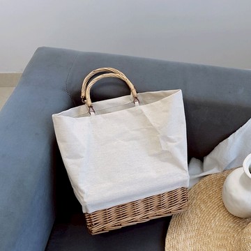 韓國ins白色帆布袋拼接草編織包藤編包手提度假草包大容量沙灘包1入